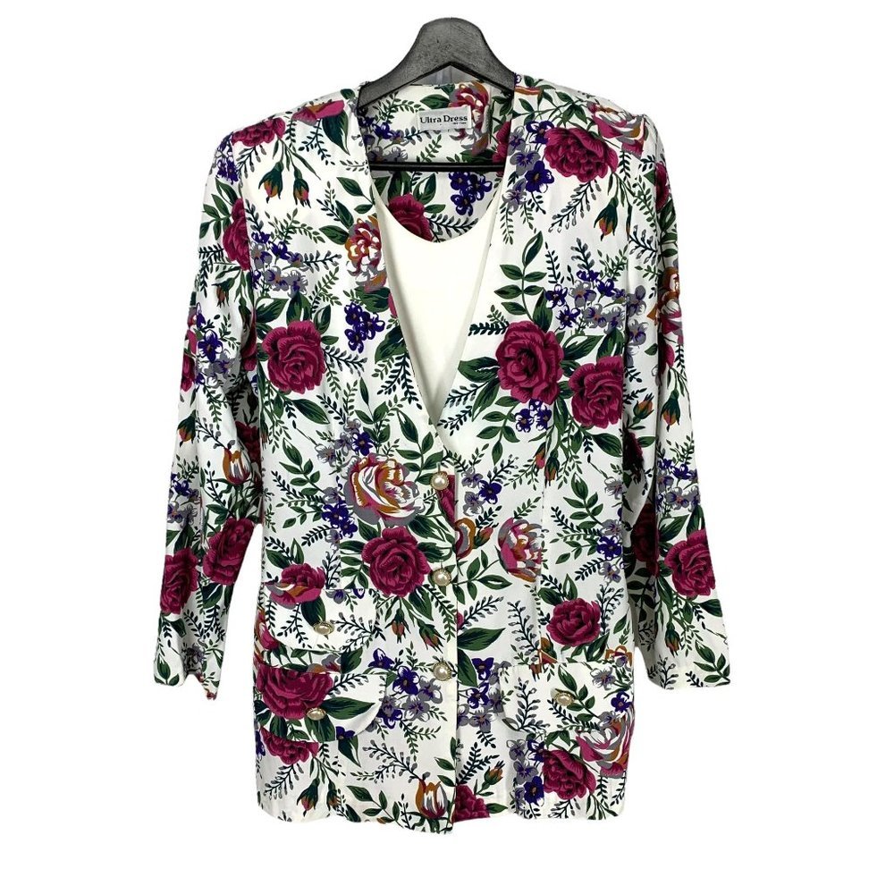 Vintage 90s White Floral Blazer Built In Top Medium